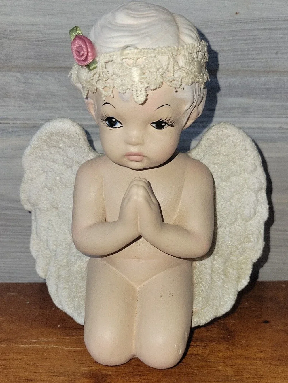 Cream Praying Angel Figurine with Pink Rose Crochet Headband Vintage